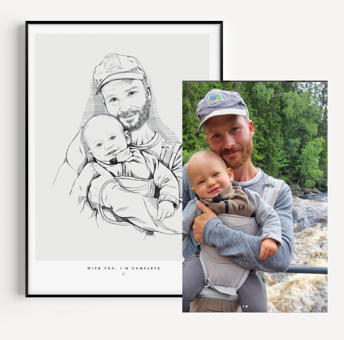 Handritad födelsetavla porträtt före och efter, med barns namn och födelsedatum / Hand-drawn birth poster portrait before and after, with child's name and birthdate, personalized illustration