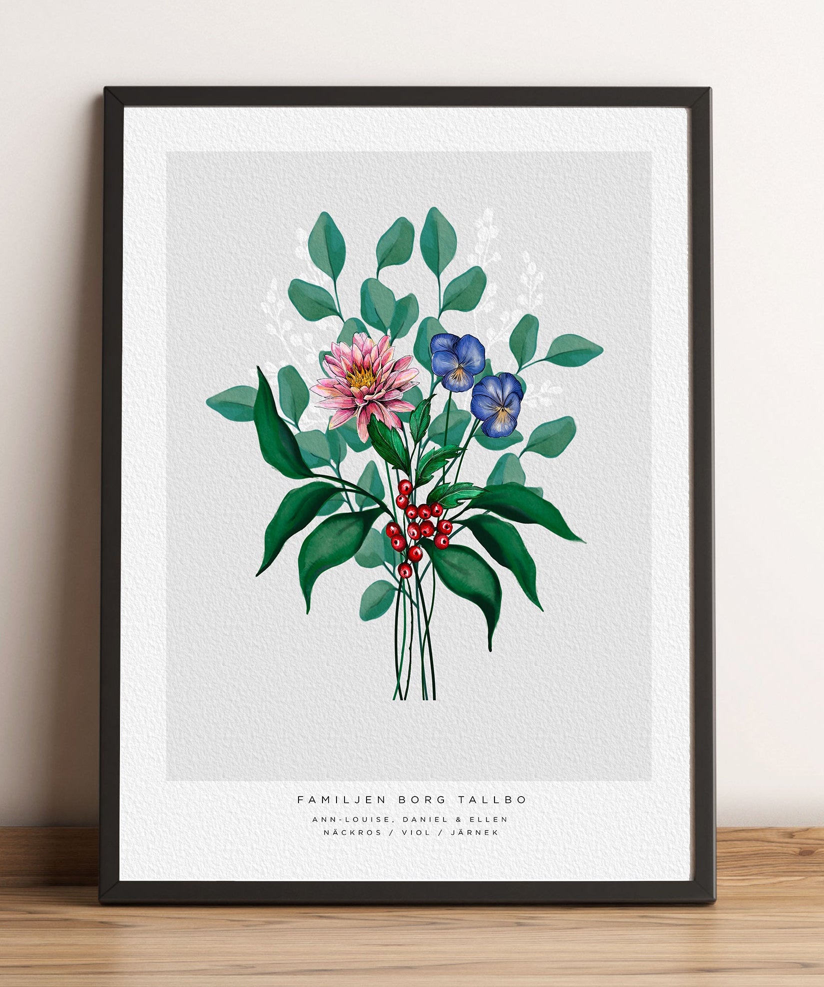 Dekorativ blomsterposter med månadsblommor – perfekt som personlig väggkonst