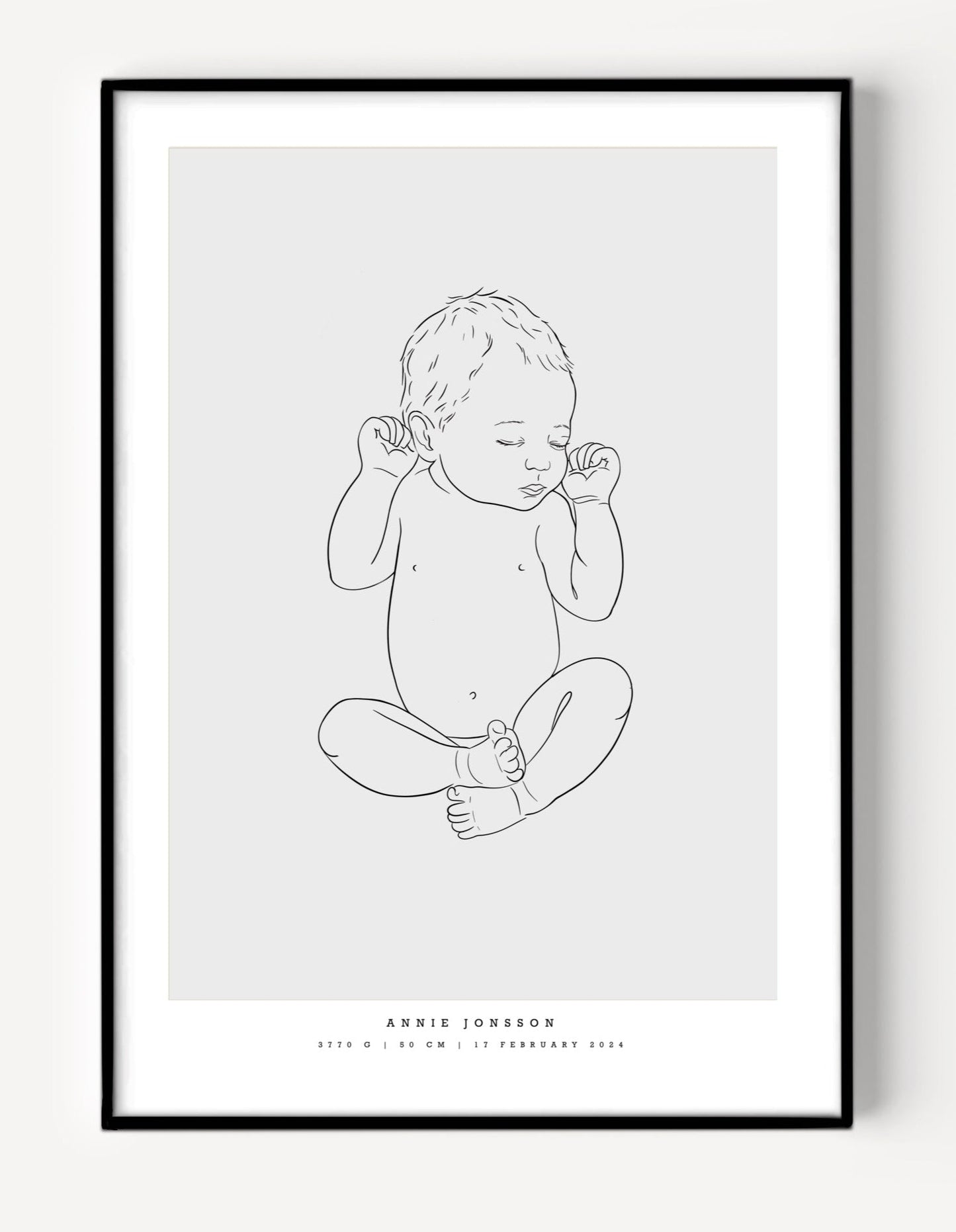 Newborn baby birth poster art print scaled to real birth length – födelsetavla bebis i naturlig storlek