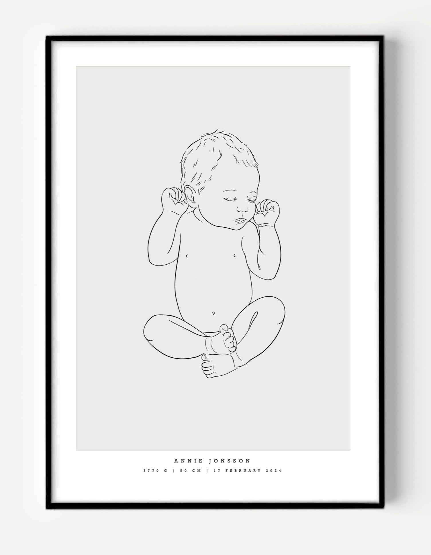 Newborn baby birth poster art print scaled to real birth length – födelsetavla bebis i naturlig storlek