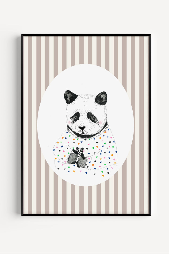 Playful panda illustration poster with soft colors – perfect wall art for nursery, kids’ room, or animal-themed decor