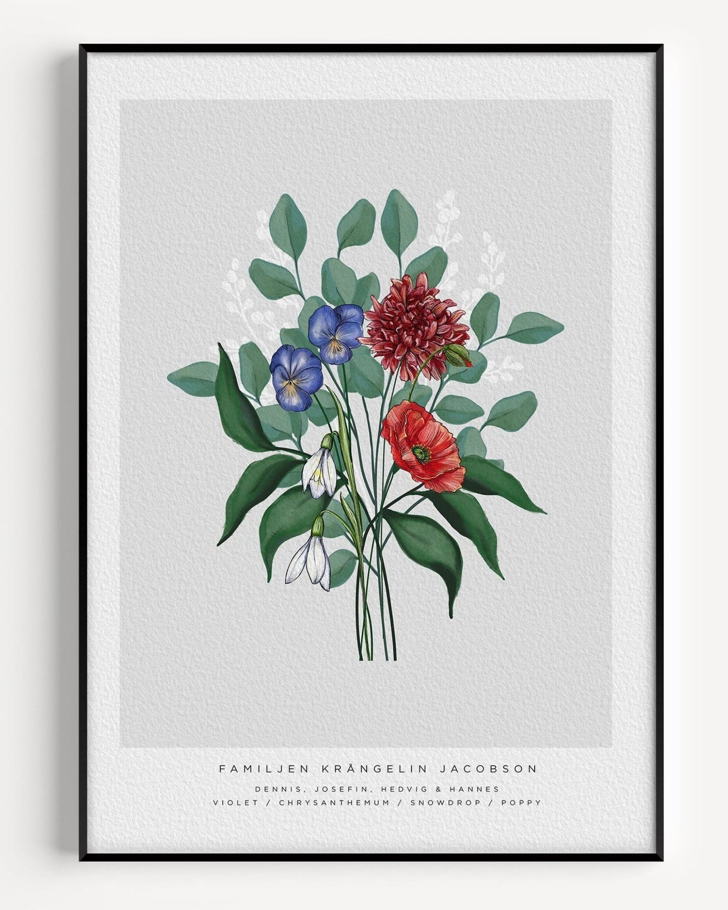 Personalized family birth flower bouquet poster with hand painted birth month flowers on grey background