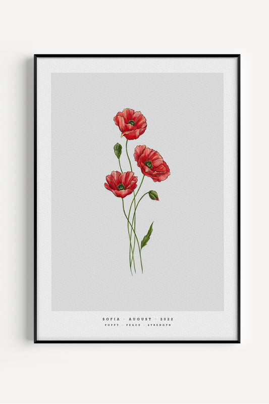 The poppy is the birth flower for July and represents remembrance, peace and creativity.