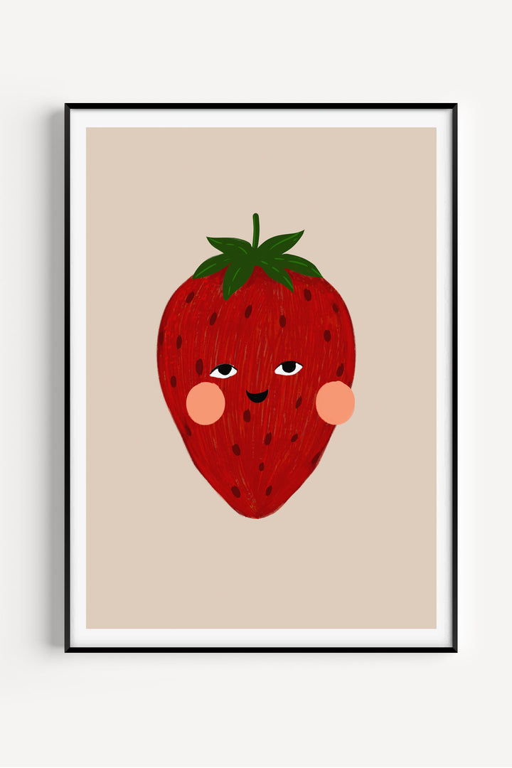 Cute strawberry illustration with a smiling face and rosy cheeks – playful red fruit wall art for nursery or kids’ room