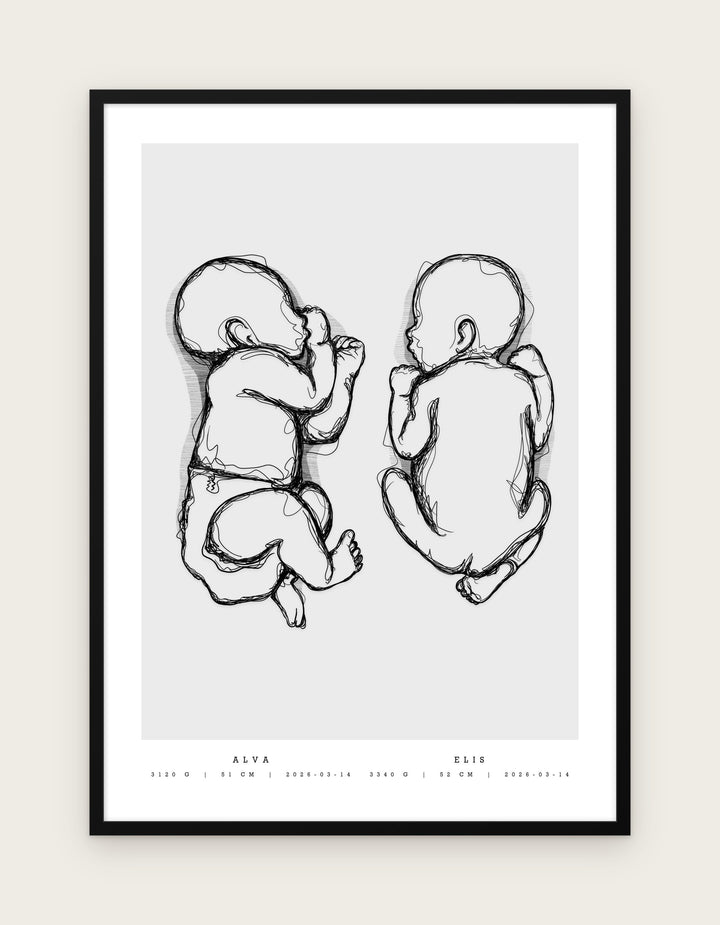 Geburtsposter für Zwillinge, Design Linien: zwei schlafende Babys, gezeichnet mit skizzierten Bleistiftlinien, Namen darunter, im schwarzen Rahmen